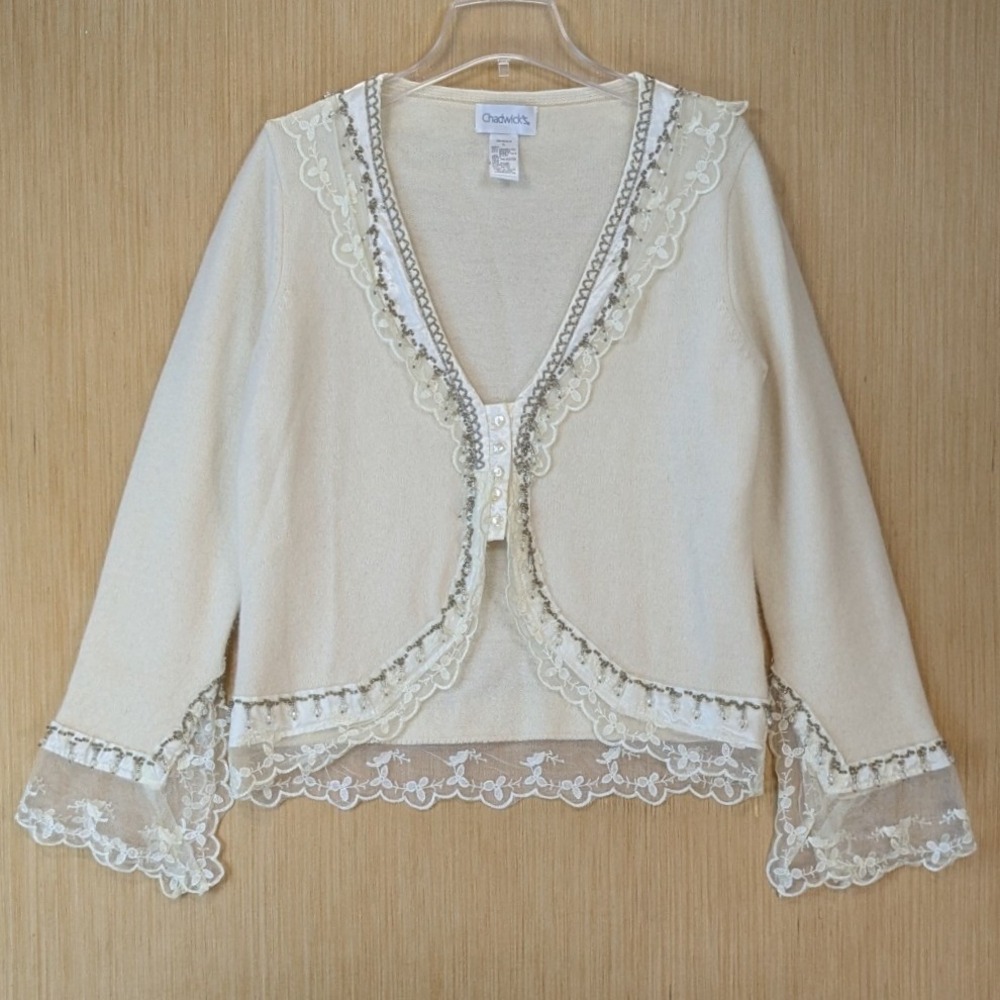 Chadwicks Coquette Fairy Lambswool Angora Lace Beaded Cardigan Sweater Size L